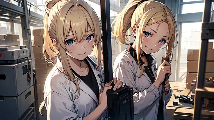 Perfect Face、factory、Assembly work、Holding tools、blonde、Smooth Hair、ponytail、Work clothes、smile、Sweat、