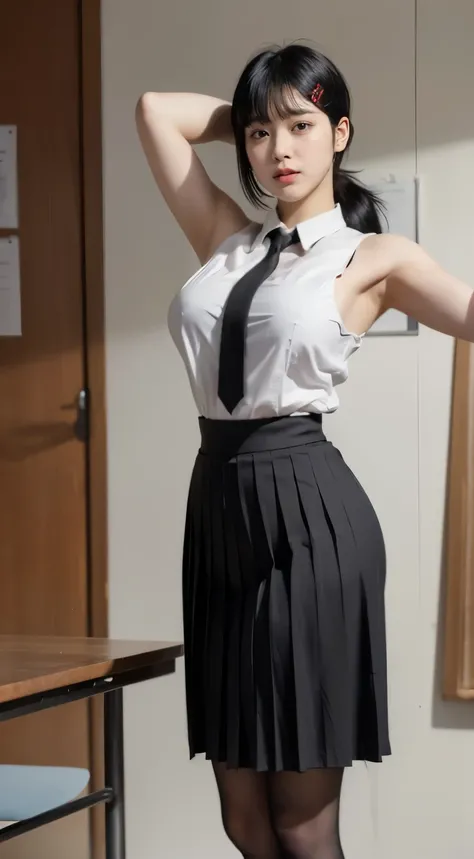 Highest quality、Ultra-high resolution、Professional Lighting、Detailed Background、In the classroom、full body,Kobeni-chan、A sloppy smile、25-year-old woman、beautiful girl、(Kobeni-chan、Jet black hair, Black Hair, bangs, One-sided hair,)、(Red Hair Clip:1.1)、(Whi...