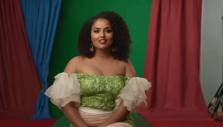 Good looking curvy ethiopian girl with modest long skirt posed as a model for camera in studio green screen behind her sitting