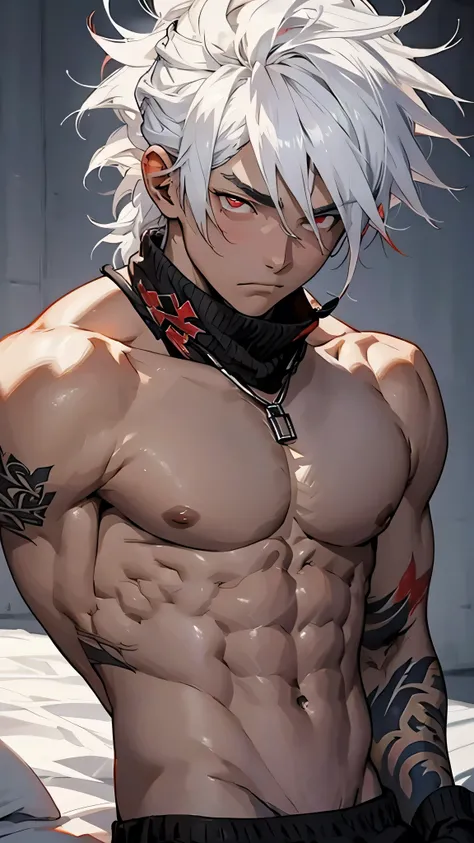 Shirtless anime guy with white hair and red eyes lying on the bed with 6 pack abs and strong arms