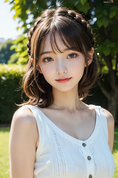 Ultra-high resolution、(Real:1.4)、８Year old girl、Beautifully detailed eyes and skin、A Little Smile、Light brown braided hair、one piece、Green Park、Movie quality、dramatic、Dramatic composition、