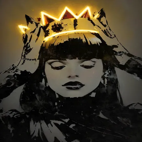 a close up of a painting of a woman with a crown on her head, Stencil art, A golden halo behind his head, halo above her head, with a red halo above her head, fringe Bettie Page, Björk three-point lighting, Lily Allen, divine ray above her head, Portrait o...