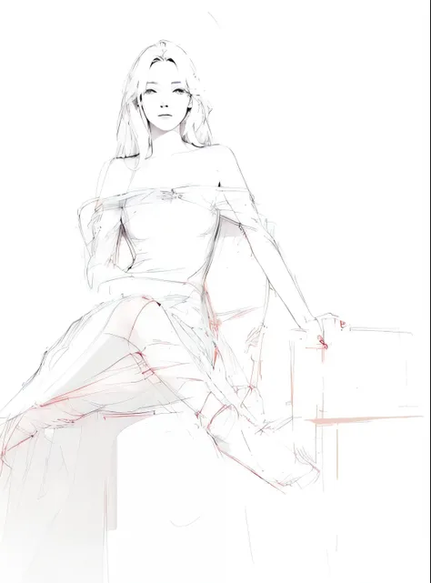 Drawing of a woman sitting on a chair with her legs crossed, Hands behind her body!, rough draft, cursory, outoutline, digital sketch, Side Sketch, cursory artstyle, outline, already drafted, SFW realistic proportions, Old draft, Detailed but rough, Gestur...