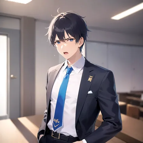 upper body、shiny skin, masterpiece、highest quality、(25-year-old male:1.5) and (Black short hair) and (blue eyes), (Wearing a suit:1.5) and (White collared shirt) and (Blue tie)、Are standing、(furious:1.5)、open mouth, The background is the office、(Alone:1.5)