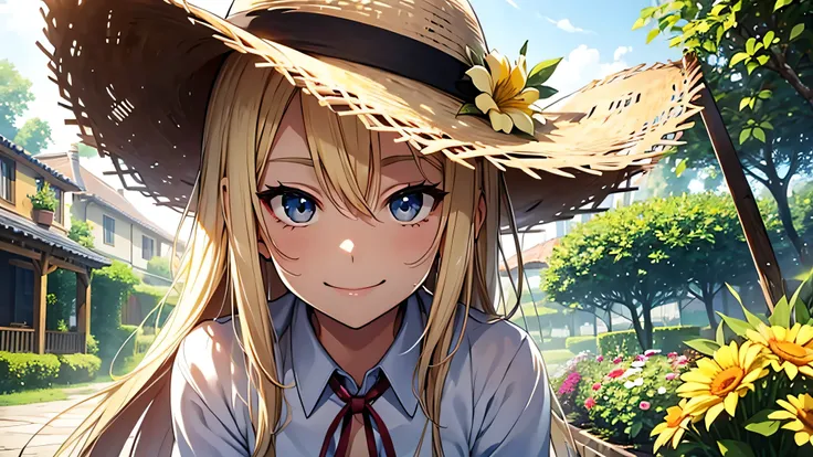 Perfect Face、garden、Weeding、blonde、Smooth Hair、Straw hat、Work clothes、smile、Sweat