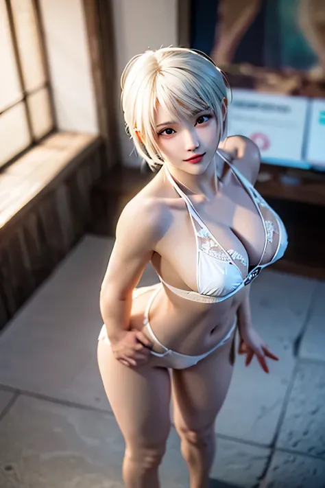 An innocent 20-year-old girl、((White Bikini, Dramatic Pose)),smile,shortcut,natural Park、RAW Photos, (8k、highest quality、masterpiece:1.2)、(Intricate details:1.4)、(Photorealistic:1.4)、Octane Rendering、Complex 3D rendering with ultra-detail, Studio Soft Ligh...