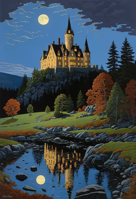 A spooky castle in a dream at night, style David A. Hardy art, Neil Welliver