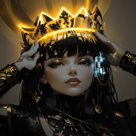 Arafed image of a woman with a crown on her head, stencil art, A golden halo behind his head, orange halo around her head, Björk three-point lighting, halo above her head, Portrait of Haifa Webe, coming out of his lamp, fringe Bettie Page, divine ray above...