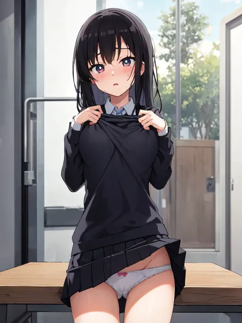 (Masterpiece:1.2), (high quality), (pixiv:1.4), (anime:1.4), wearing underwear, panties, loose socks, black hair, buttocks, brown eyes, blue skirt, solo, blazer type , panties, loose socks, black hair, lifting clothes, brown eyes, blue skirt, pure gaze, mi...