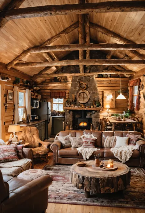 there is a living room with a couch, table, chairs and a kitchen, rustic setting, cozy setting, cozy environment, cozy place, cozy atmosphere, pleasant cozy atmosphere, wide shot of a cabin interior, warm interior, warm interiors, rustic and weathered, coz...