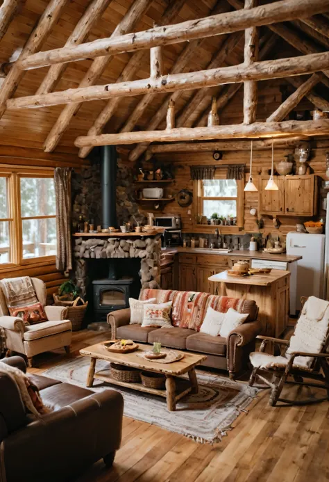 there is a living room with a couch, table, chairs and a kitchen, rustic setting, cozy setting, cozy environment, cozy place, cozy atmosphere, pleasant cozy atmosphere, wide shot of a cabin interior, warm interior, warm interiors, rustic and weathered, coz...