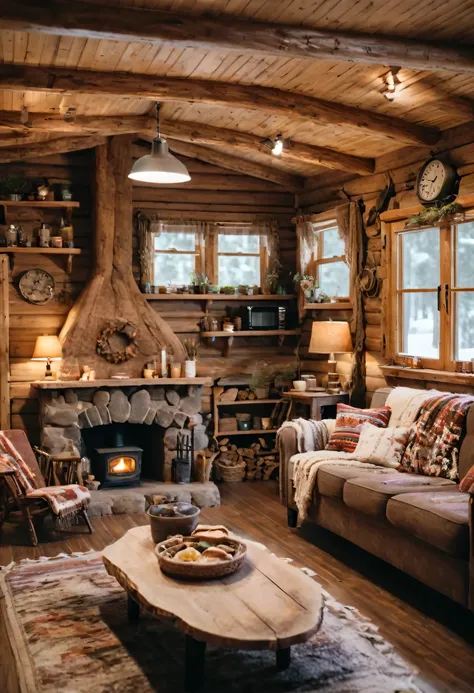 there is a living room with a couch, table, chairs and a kitchen, rustic setting, cozy setting, cozy environment, cozy place, cozy atmosphere, pleasant cozy atmosphere, wide shot of a cabin interior, warm interior, warm interiors, rustic and weathered, coz...