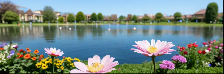 4K Clarity, blue sky, Soap bubble, Lake, flower garden