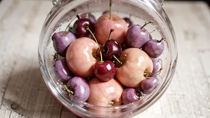 Fresh cherries surrounding a crystal candy on the light bright pink purple surface, top view, realistic