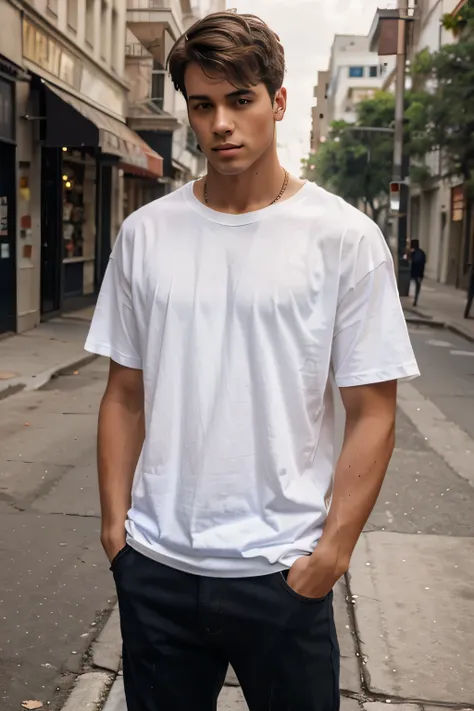 Realistic brunnette male model standing on the street, wearing an oversized blank T shirt that is not ucked in.