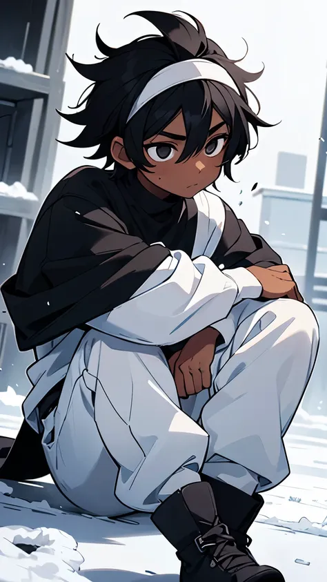 boy, young, dark skin, black hair, messy hair, black eyes, white headband, white long-sleeved high-neck blouse, white sweatpants...