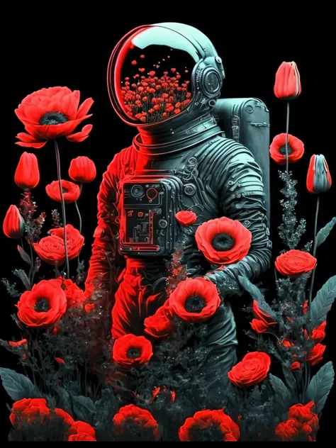 close-up of a man in a spacesuit surrounded by flowers, Atmosphere of heavenly red flowers, Bipl and james jean, Humanoids, overgrown with flowers, Psychedelic surrealist art, in the red world of dreams, redshift vibrations, Bipl. hyperrealism,  Cosmonaut,...