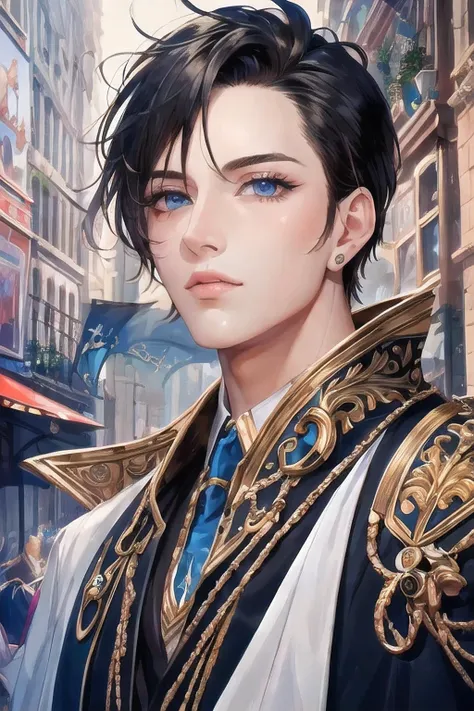 (masterpiece:1.2), (best quality:1.2), perfect eyes, perfect face, perfect lighting, (1boy:1.3), young noble boy, androgynous, long hair, gorgeous, thick eyelashes, makeup, rich clothes, colorful, fantasy, detailed outdoor city background