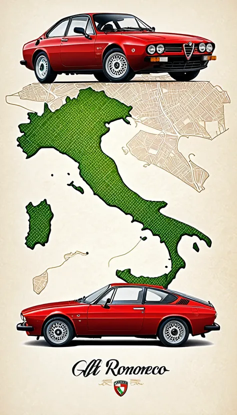 Magnifique Alfa Romeo GTV 2.0 Grand Prix Coupe 1981, rouge, design graphic vintage, beaucoup de détails, image vectorielle, Realistic, italy map background