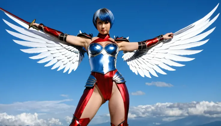 ((highest quality)), ((masterpiece)), (Get used to it), Perfect Face, Japanese blue short hair,30-year-old woman,Bust is C cup,A woman stands alone,The right hand is a sword,(Dynamic pose), (Stylish and dazzling red silver armor,Big white wings), Very deta...