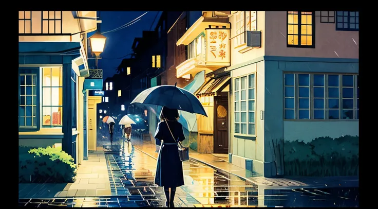 rain　Cafe　night　Ghibli-style illustrations