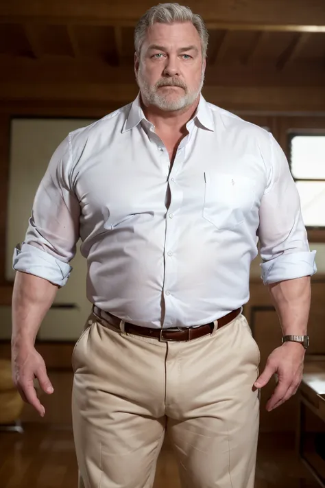 age 60, white man police detective with a mature, kind demeanor, strong and muscular yet chubby build, wearing dress pants and a...