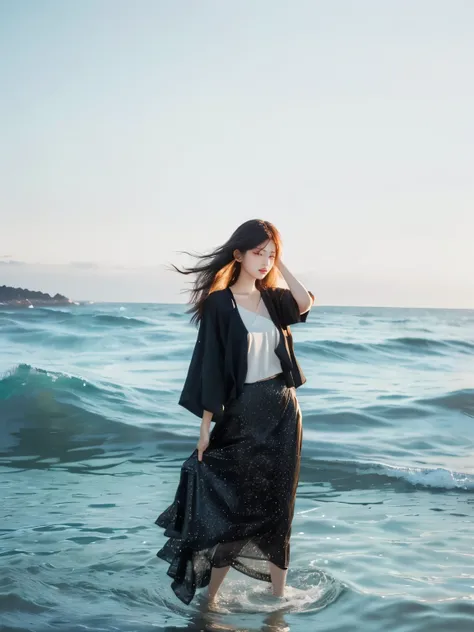 minimum, harmony, aesthetic, Melancholic mood, 1 girl, slender, floating Medium Hair, masterpiece, best quality, RAW Photos, photorealism, Ocean, 