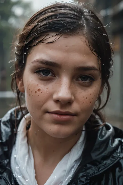 portrait photography, dutch angle shot, a womans face with freckles covered in raindrops, raindroplets
on her face, under rain, water drops, rainpunk, extreme close up, Phantom High Speed camera, urban 