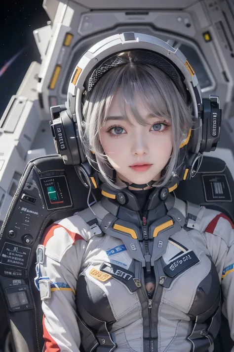 (Close-up)、1 girl、20th Generation、Gray Hair、bangs、smile、See the view、Red eyes、highest quality、masterpiece、Ultra-high resolution、8k、(Realistic:1.5)、RAW Photos、Perfect body、Big Breasts、Black space suit、(In the Dark)、Deep Shadow、Evangelion、milky way、Milky Way...