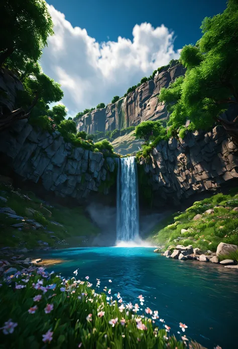 masterpiece, best quality, high quality, extremely detailed CG unity 8k wallpaper, scenery, outdoors, sky, cloud, day, no humans, mountain, landscape, water, tree, blue sky, waterfall, cliff, nature, lake, river, cloudy sky,award winning photography, Bokeh...