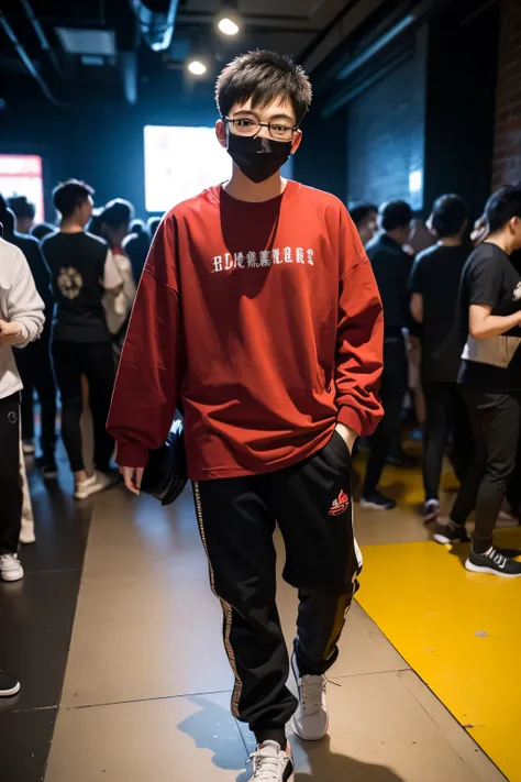 18 year old Shanghai boy, he is wearing a oversized big Plain red t shirt long Sleeve, he is wearing loose black Rope Jogger trousers, he is wearing black sneakers, he is wearing a mask, he is wearing glasses, he is playing DJ, NIGHTCLUB, full body, Two Bl...