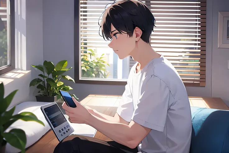 holding a phone, side angle, (looking away:1.5), shiny skin, masterpiece、highest quality、(25-year-old male:1.5) and (Black short hair) and (blue eyes), White shirt、Are standing、(sad:1.5), The background is the living room、(Alone:1.5)