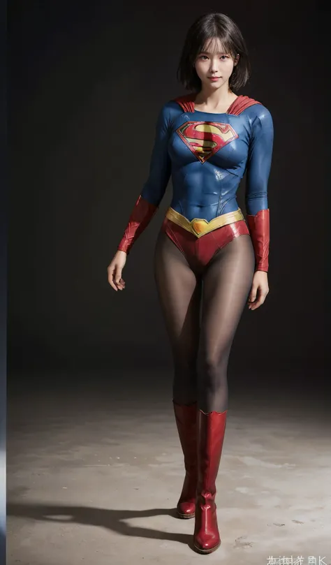 No background、(((Beautiful legs in black tights.)))、(((Legally express the beauty of your smile)))、((((Make the most of your original images)))、(((Supergirl Costume)))、(((Beautiful short bob hair)))、(((suffering)))、(((Please wear black tights....、Wear red ...