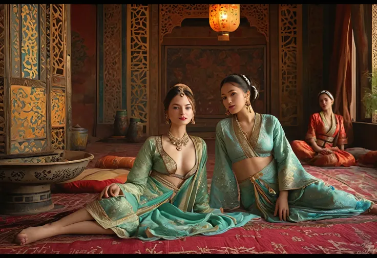 best quality,4k,8k,highres,masterpiece:1.2,portraits (A few beautiful women),relaxing in a harem,historical scene,detailed facial features,expressive eyes and lips,lush surroundings,soft lighting,vibrant colors,exquisite details of jewelry and clothing,lux...