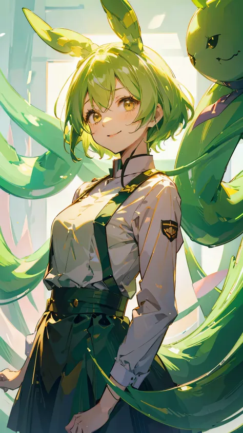 beautiful girl，yellow-green hair，beaver、short hair、gently droopy eyes，upper body close-up、uniform，manga style，full color，high sc...