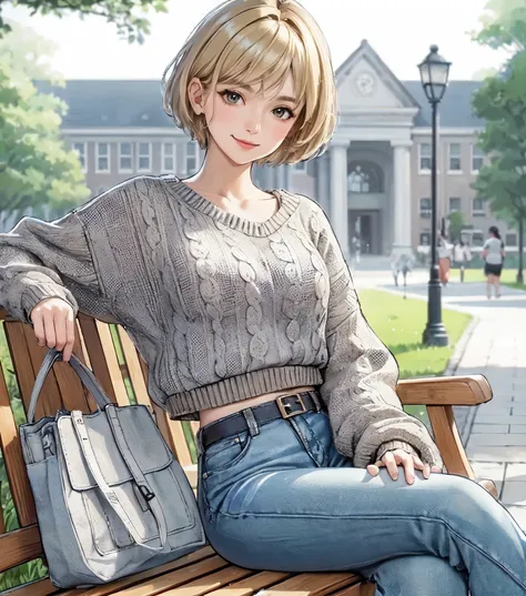 1lady solo, (sitting on bench), stylish (refreshing knit) (denim pants), mature female, /(beige blond short hair/) bangs, kind smile, (masterpiece best quality:1.2) delicate illustration ultra-detailed, large breasts BREAK (general university campus) outdo...