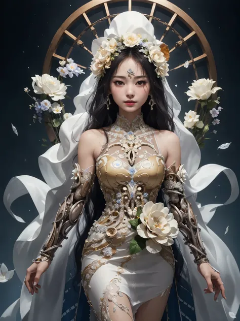 intricate nautilus shell like machine, 1girl, super details intricate machine, biomechanical nautilus shell, glass art, detailed face, white dress, standing, large flower, wedding dress, clothes made from flower, intricate dress, hungry ghost festival, flo...