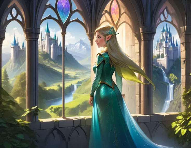 fantasy art, RPG art, a princess looking through her window at a magical castle, a beautiful elven princess looking through her window to see a magical castle, an impressive best detailed castle, with towers, bridges, a moat, standing on top of a mountain ...