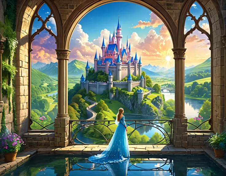 fantasy art, rpg art, a princess looking through her window at a magical castle, a beautiful human princess looking through her ...