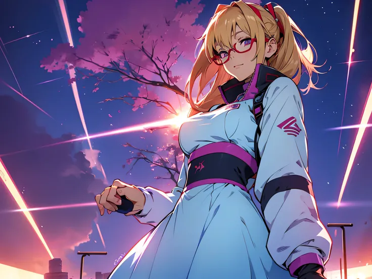 anime,An illustration,purple robot,Mobile Suit,Dom,Light blue check dress,Red glasses,Blonde,Light blue mesh hair,beautiful girl,Sora Sakurano,one person