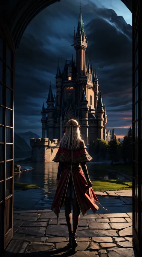 fantasy art, rpg art, a princess looking through her window at a magical castle, a beautiful elven princess looking through her ...