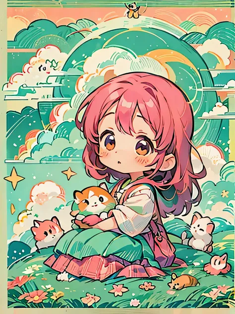 momoko sakura style, kawaii design, the most beautiful girl of all time、chibi、above the clouds、lots of animals