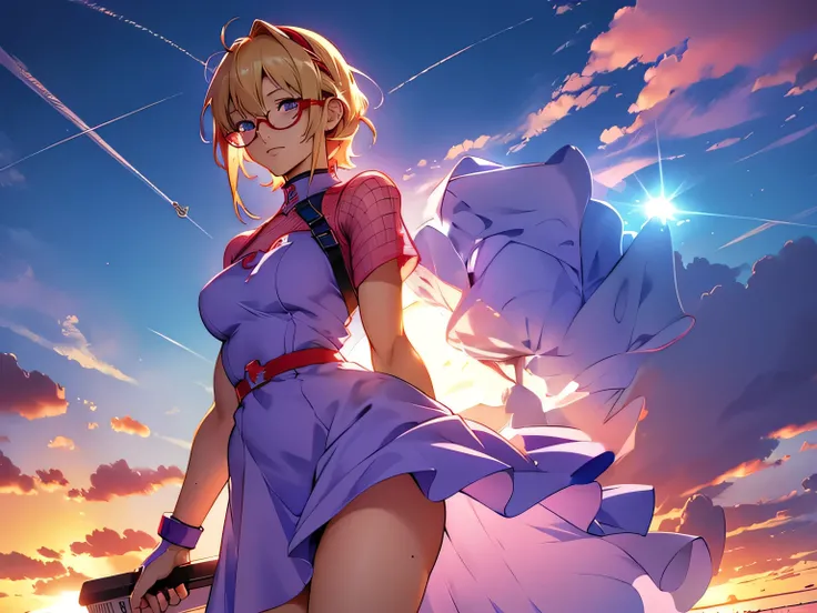 anime,An illustration,purple robot,Mobile Suit,Dom,Light blue check dress,Red glasses,Blonde,Light blue mesh hair,beautiful girl,Sora Sakurano,one person