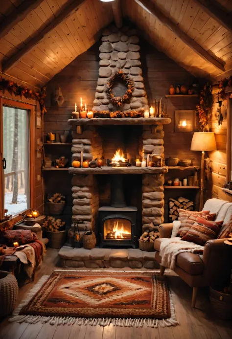 a view of a cabin with a fireplace and a rug autumncolor, warm interior, cozy place, inside of a cabin, cozy environment, in a cabin, cozy setting, cozy room, cosy atmoshpere, warm interiors, wide shot of a cabin interior, cozy atmosphere, cozy atmospheric...