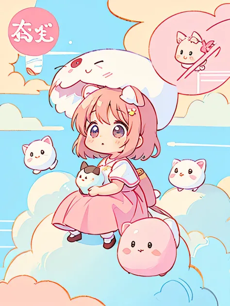 Momoko Sakura style, Kawaii Design, The most beautiful girl of all time、Chibi、(((sitting on the Clouds)))、Lots of animals, fun