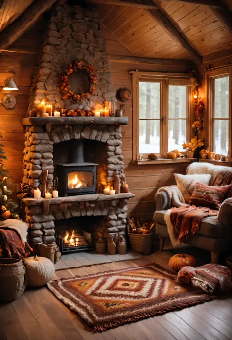 a view of a cabin with a fireplace and a rug autumncolor, warm interior, cozy place, inside of a cabin, cozy environment, in a cabin, cozy setting, cozy room, cosy atmoshpere, warm interiors, wide shot of a cabin interior, cozy atmosphere, cozy atmospheric...