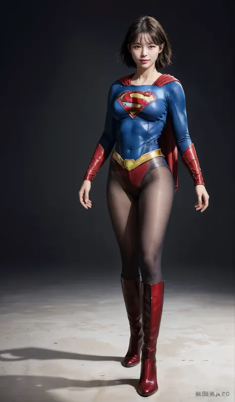 No background、(((Beautiful legs in black tights.)))、(((Legally express the beauty of your smile)))、((((Make the most of your original images)))、(((Supergirl Costume)))、(((Beautiful short bob hair)))、(((suffering)))、(((Please wear black tights....、Wear red ...