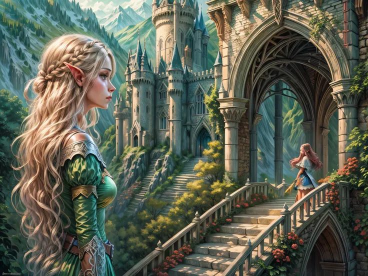 fantasy art, rpg art, a princess looking through her window at a magical castle, a beautiful elven princess looking through her ...