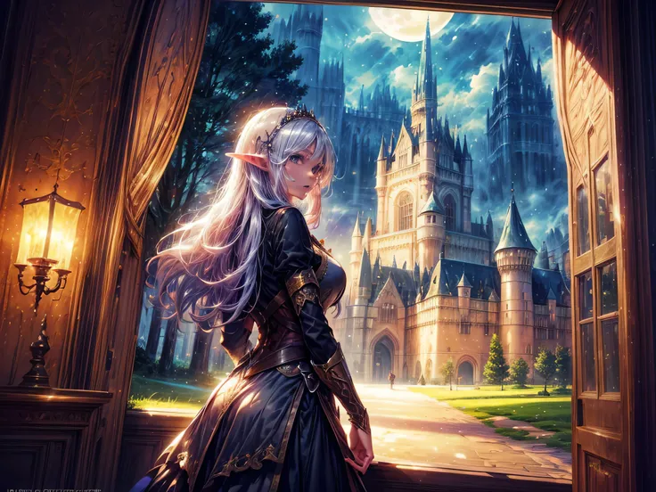 fantasy art, rpg art, a princess looking through her window at a magical castle, a beautiful elven princess looking through her ...