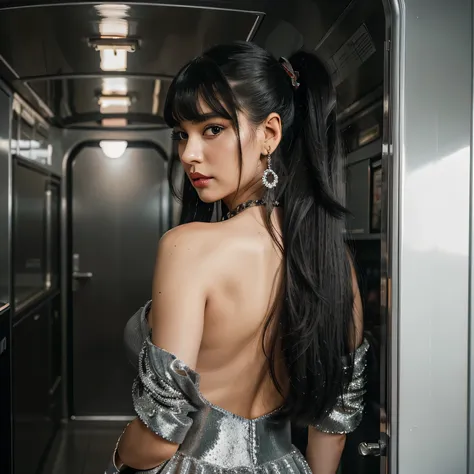 A beautiful hyperreal woman who represents Sailor Moon. Black hair, very big breasts, giant butt, tiny waist. Her face has Japanese anime features. Pigtails: she has long black hair that reaches approximately the middle of his back. Her distinctive hairsty...